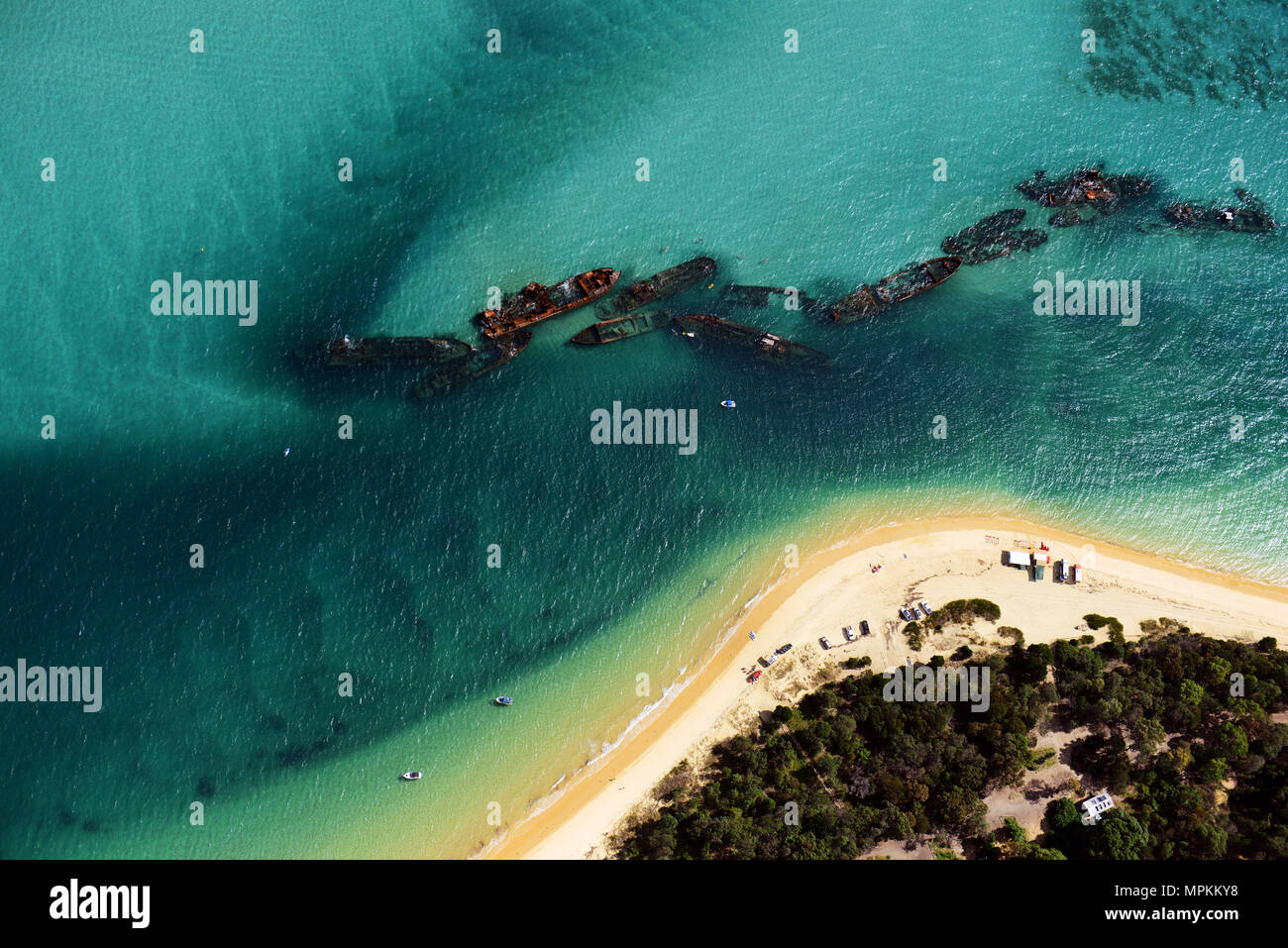 Aerial view of the Tangalooms wrecks by Moreton island in Queensland, Australia. Stock Photo