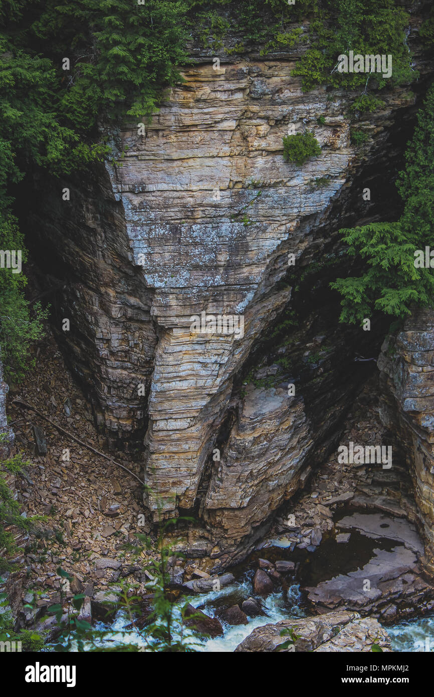 Sandstone rock formation shaped like an elephant’s head seen at Ausable Chasm tourist attraction near Keeseville, New York, United States Stock Photo