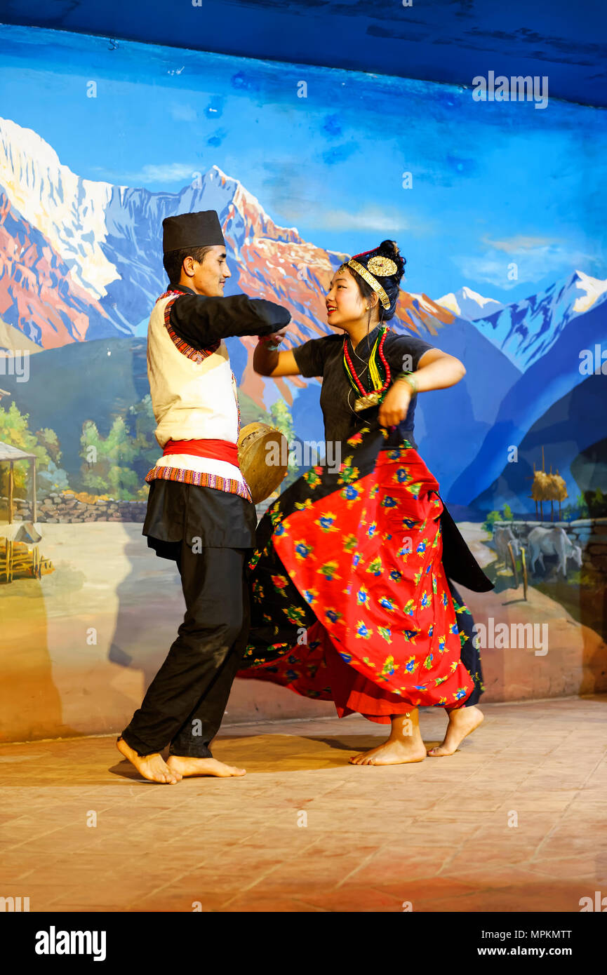 Traditional Tibetan dance performed by a folkloric group, Kathmandu, Nepal Stock Photo