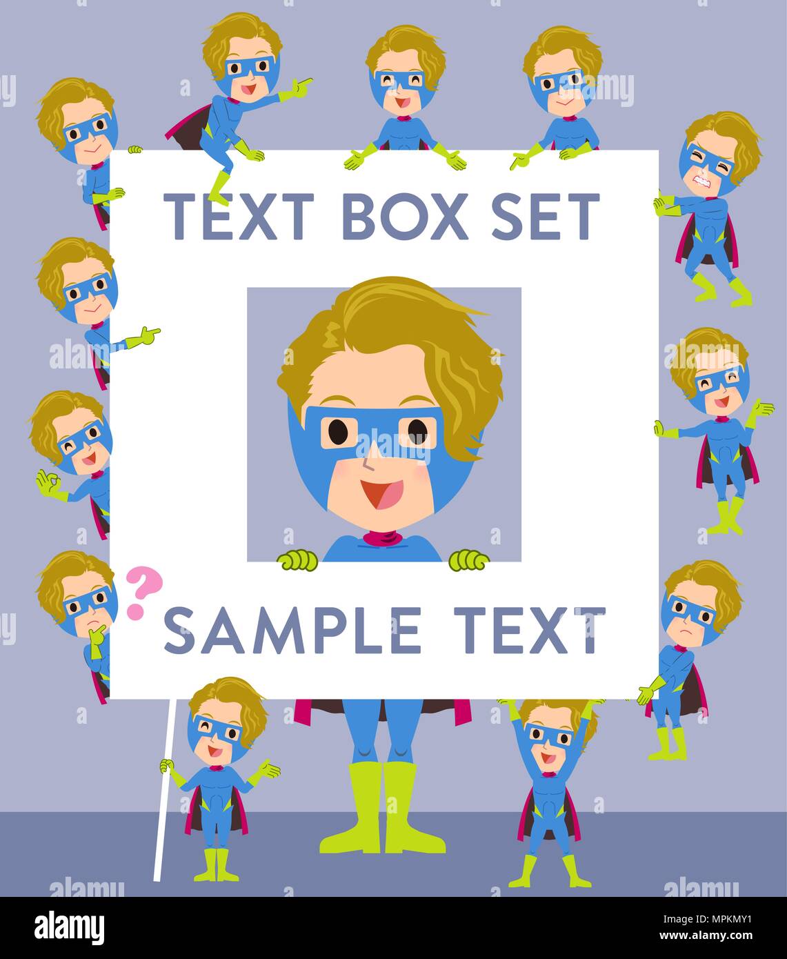 Set of various poses of super hero man Blue Green text box Stock Vector