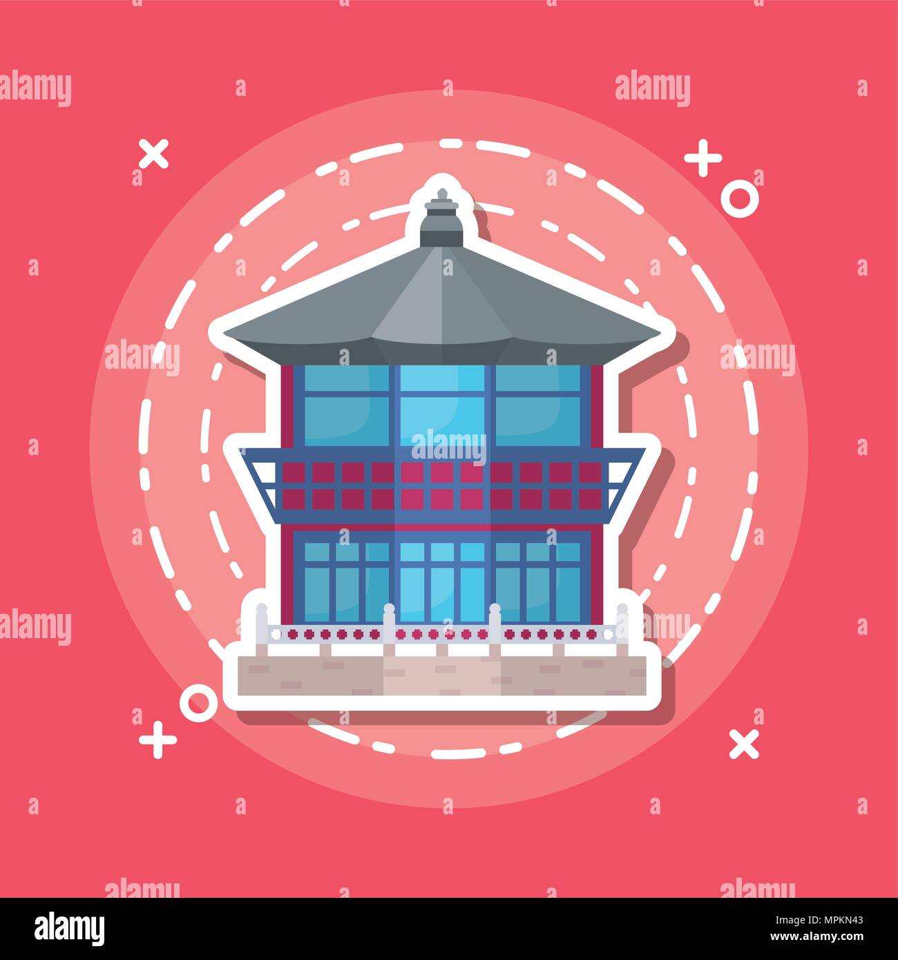 Asia iconic and traditional building icon over red background, colorful ...
