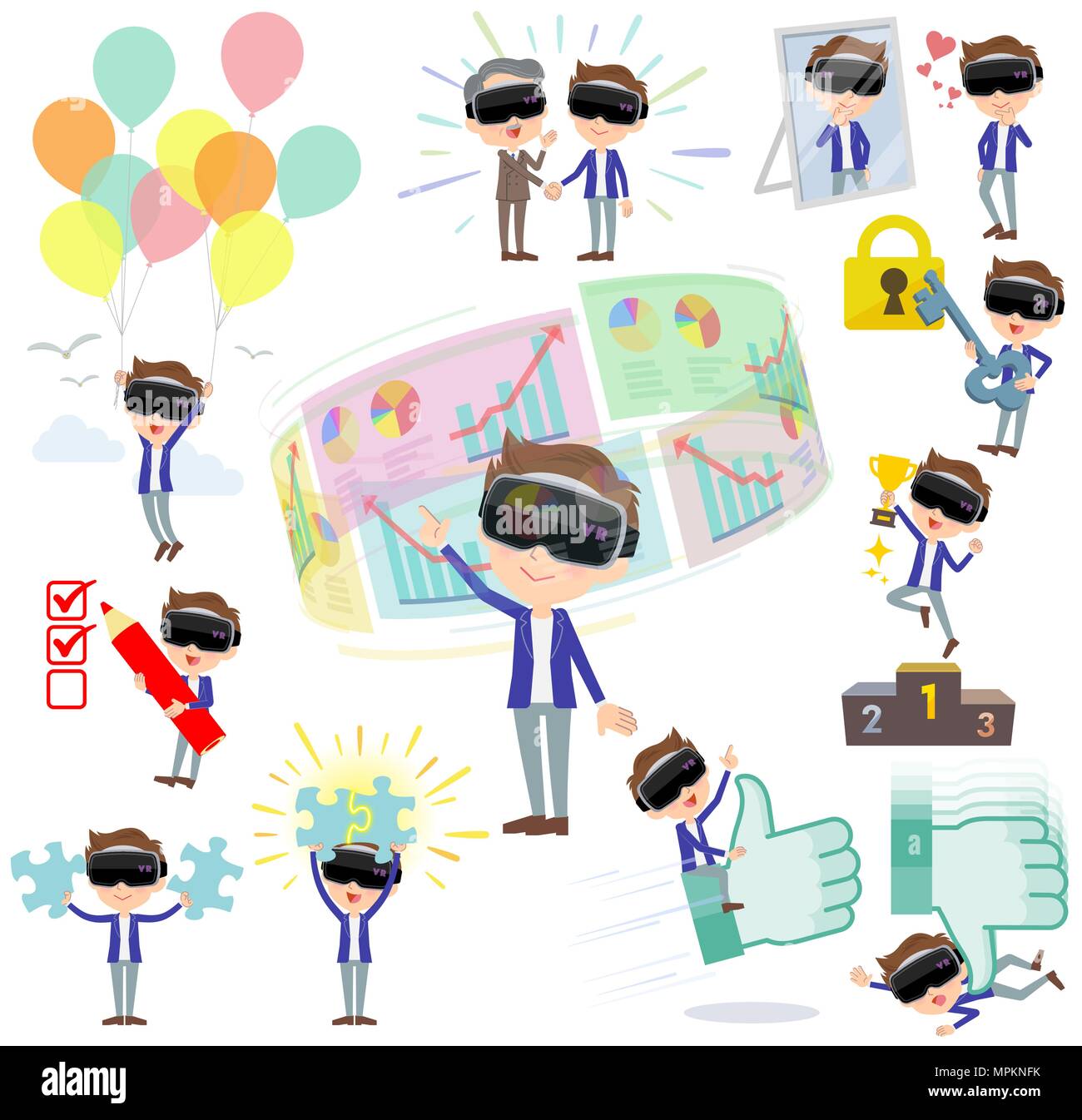 Set of various poses of virtual reality goggle men success & positive