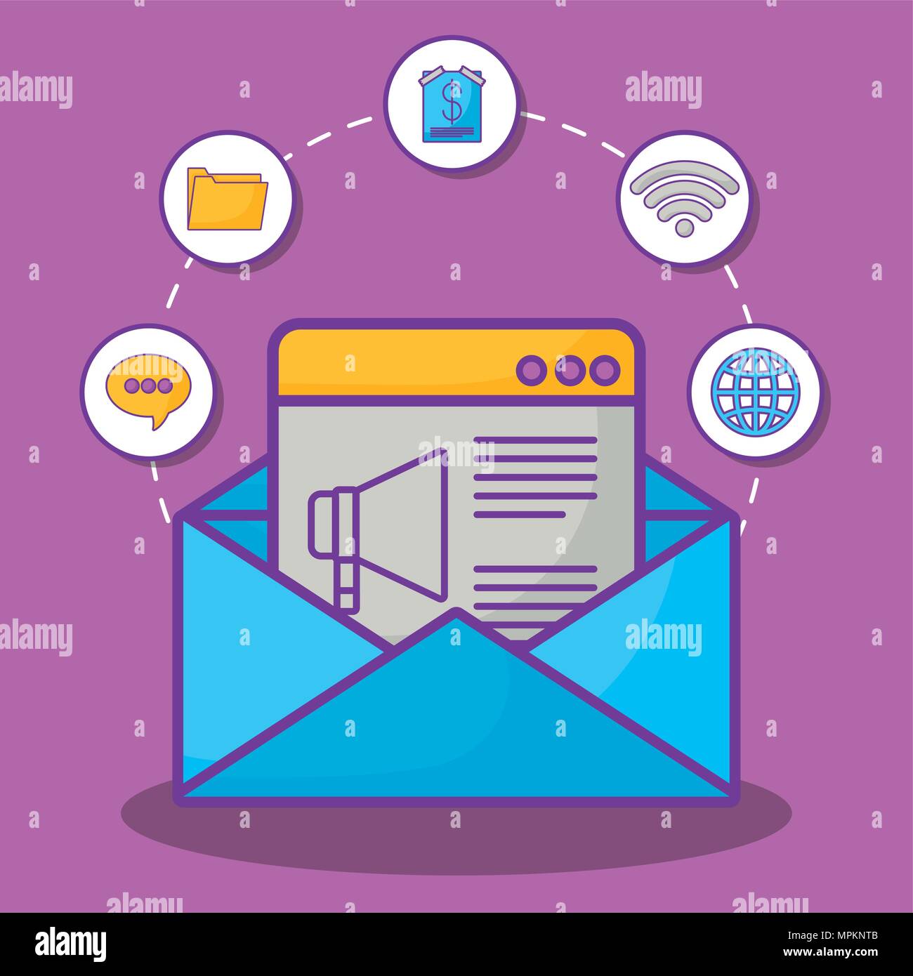 web interface and envelope with online marketing related icons over ...