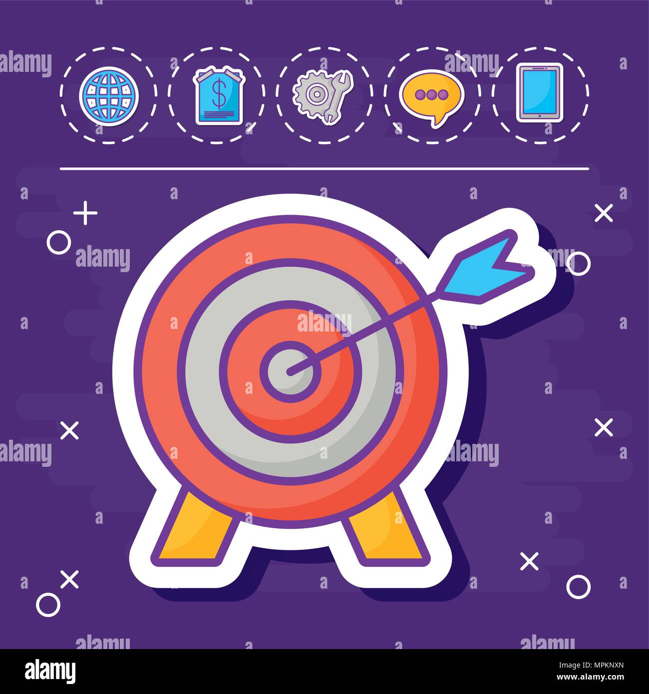 bow target and online marketing related icons over purple background ...