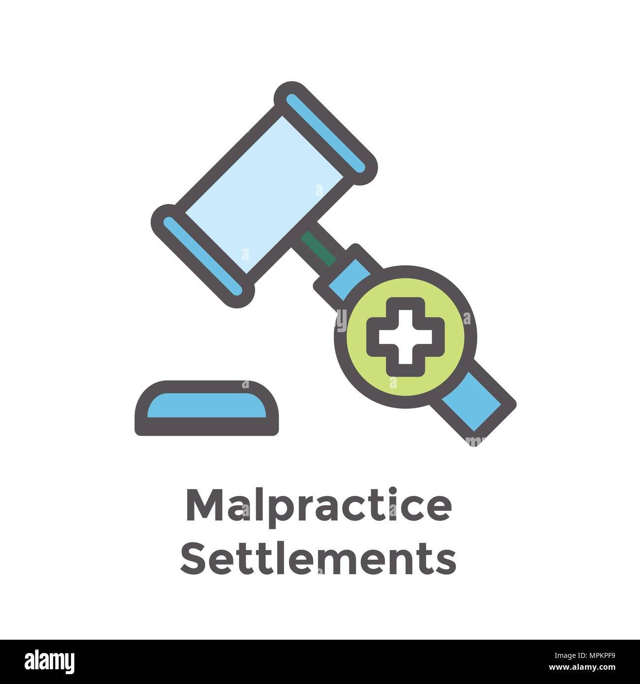 Medical Lawsuit icon with legal imagery showing medical malpractice - outline style Stock Vector
