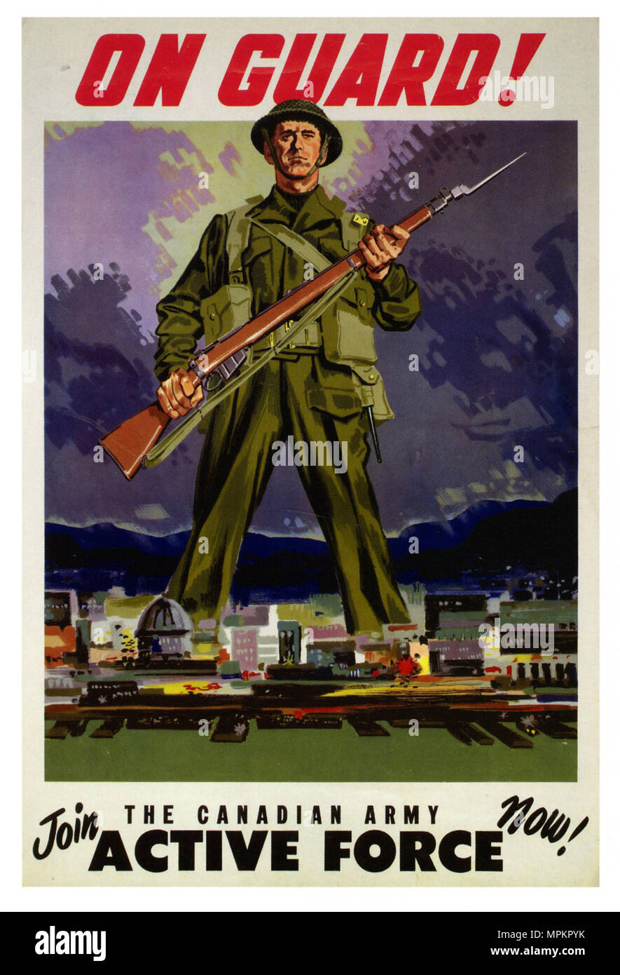 French Canadian WWI Vintage Propaganda Poster -  He Stands On Guard For Thee Stock Photo