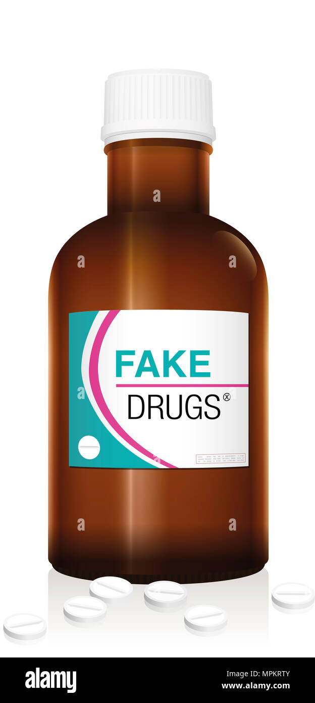 Medicine bottle named FAKE DRUGS. Symbolic for harmful counterfeit pills, risk and danger of illegal produced and sold pharmaceuticals. Stock Photo
