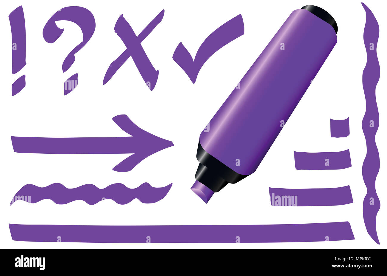 Purple fluorescent marker pen. Bright violet highlighter plus strokes and signs like call sign, question mark, tick mark and arrow. Stock Photo