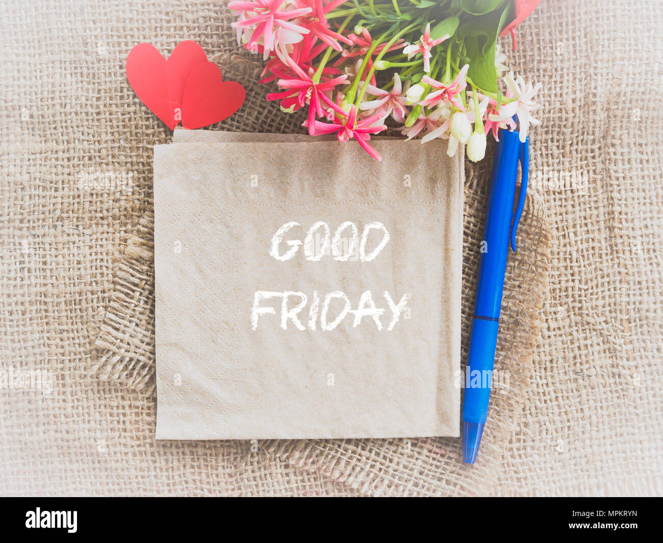 Download Good Friday Concept Poster Mock Up Template With Flower Bouquet Color Paper In The Shape Of Heart And Blue Pen On Brown Sack Background Stock Photo Alamy
