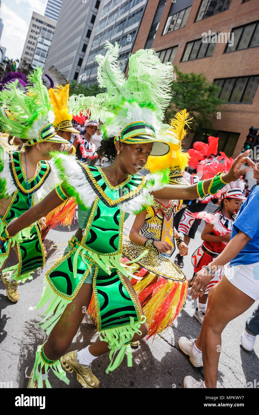 Montreal Canada,Quebec Province,Boulevard Rene Levesque,Carifiesta,Mardi  Gras style Caribbean parade,costume,Black teen,teenager,teenagers,girl  girls Stock Photo - Alamy