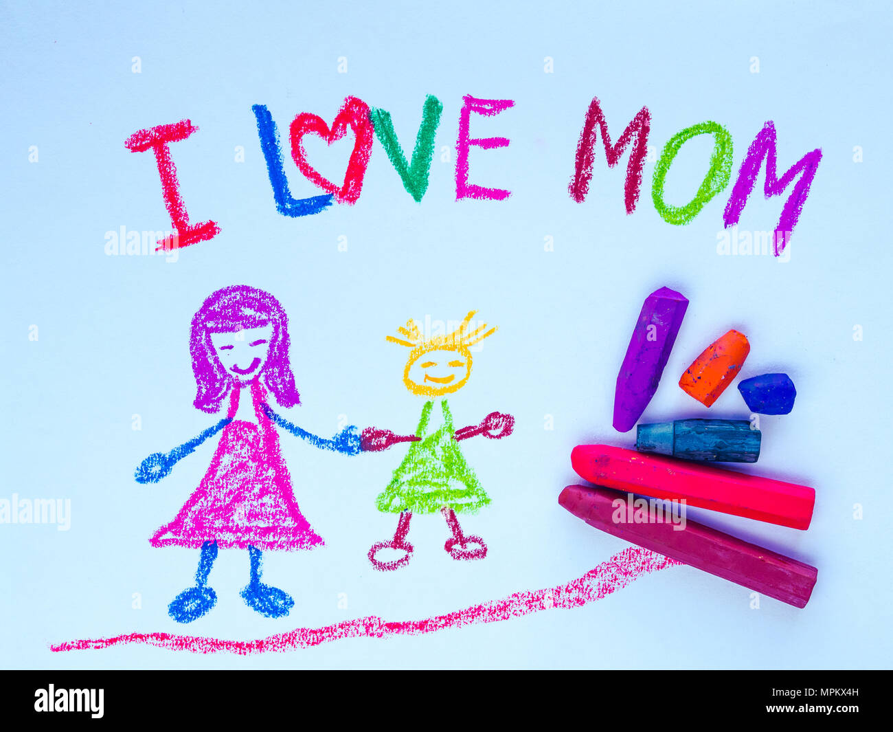 Kid drawing of mother holding her daughter for happy mother's day theme Stock Photo