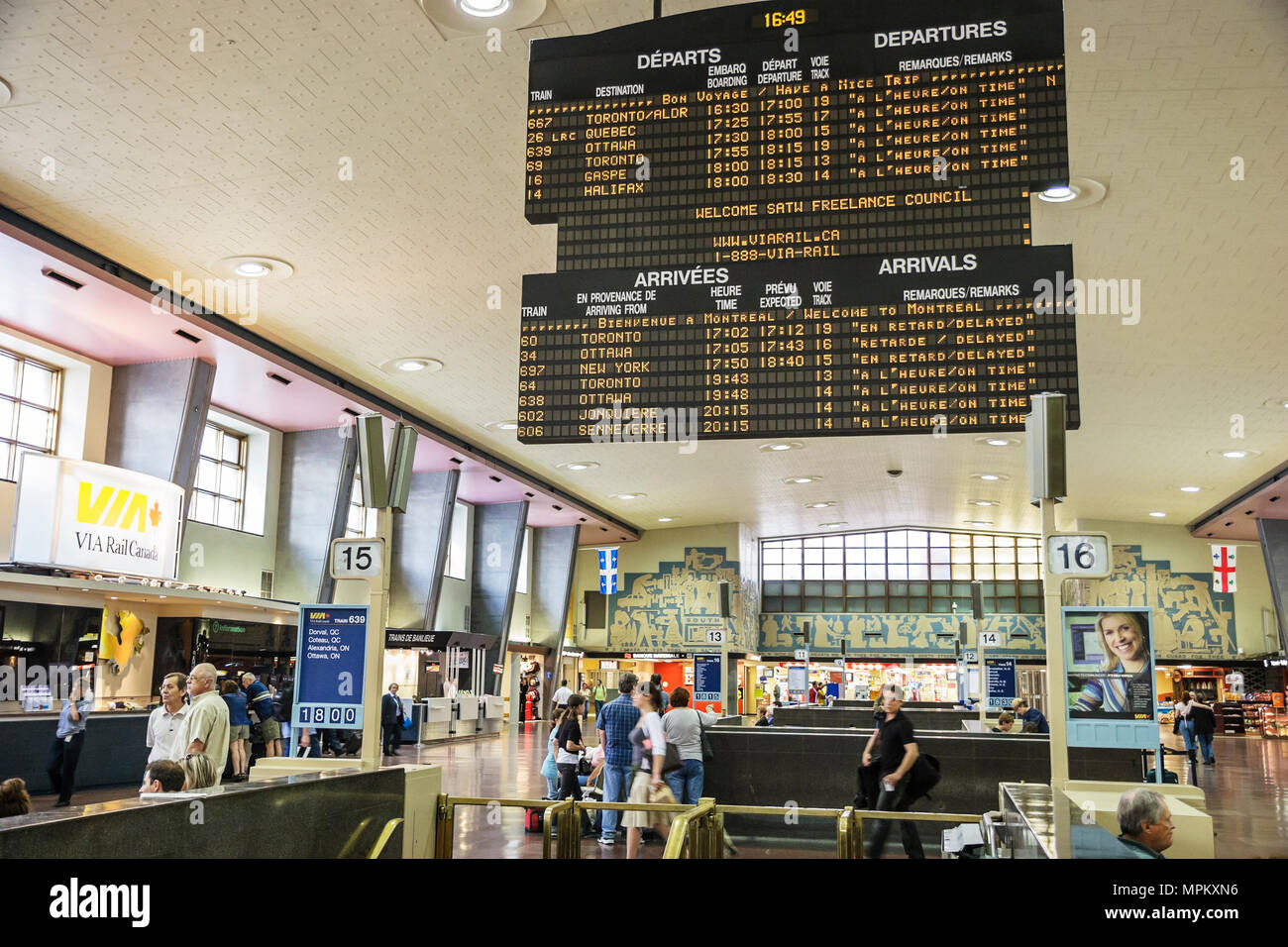 Canada,Canadian,Quebec Province,French language,bilingual speaking,Montreal,Gare Centrale,Central Train Station,schedule,ticketing,passenger passenger Stock Photo