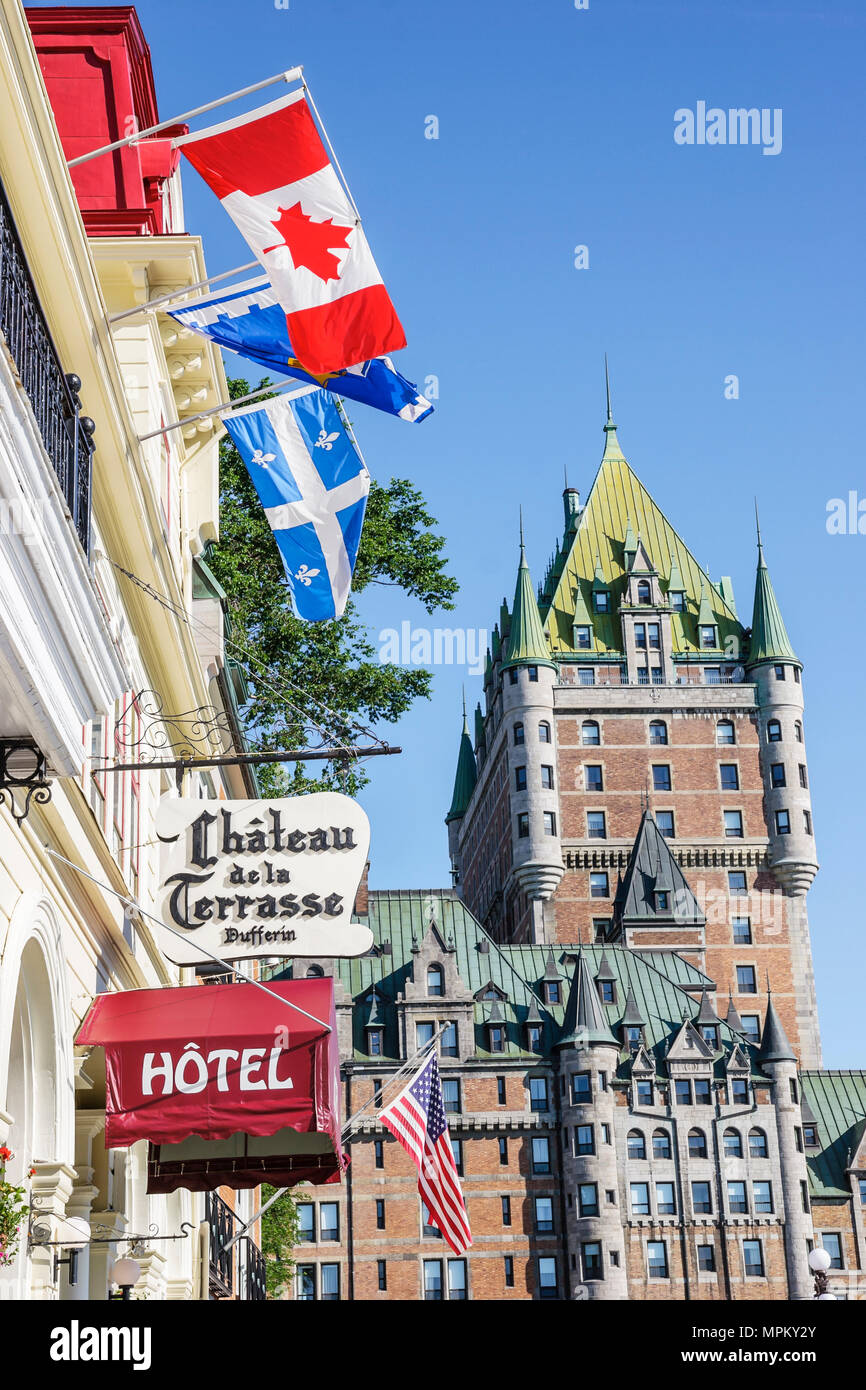 Quebec Canada,Upper Town,Place Terrasse Dufferin,Fairmont Le Chateau Frontenac,hotel,built 1893 1899,flags,Canada070710007 Stock Photo