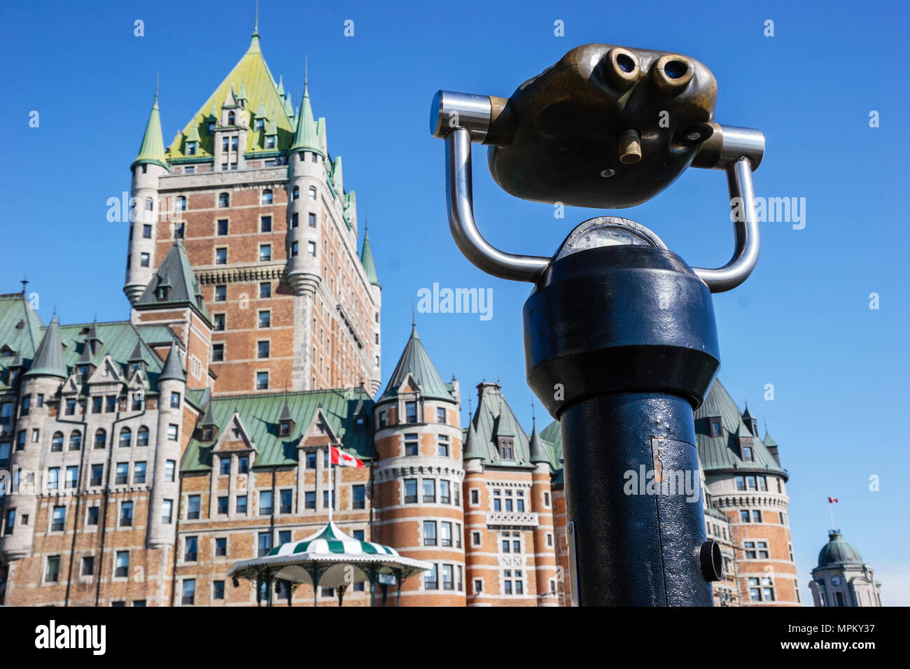 Quebec Canada,Upper Town,Place Terrasse Dufferin,Fairmont Le Chateau Frontenac,hotel,telescopic viewer,Canada070710010 Stock Photo