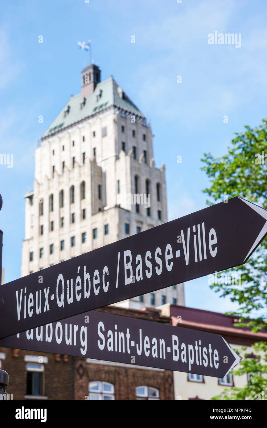 Quebec City Canada,Canadian,North America,American,Upper Town,Rue de Buade,signs,Edifice Price building,built 1929,visitors travel traveling tour tour Stock Photo