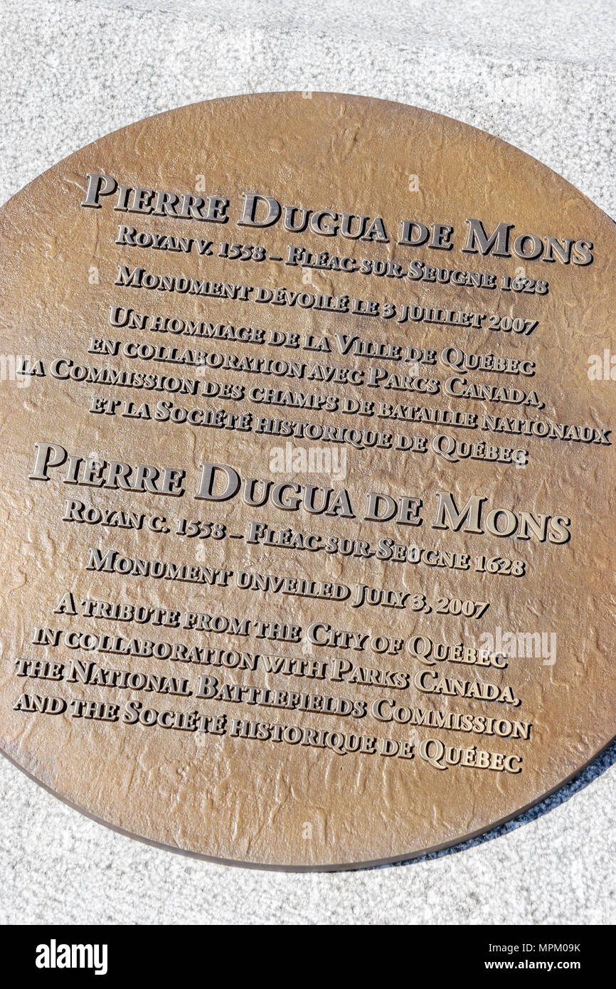 Quebec Canada,Upper Town,Parc de l'Esplanade,Pierre Dugua De Mons,statue,French pioneer,plaque,history,Canada070712011 Stock Photo