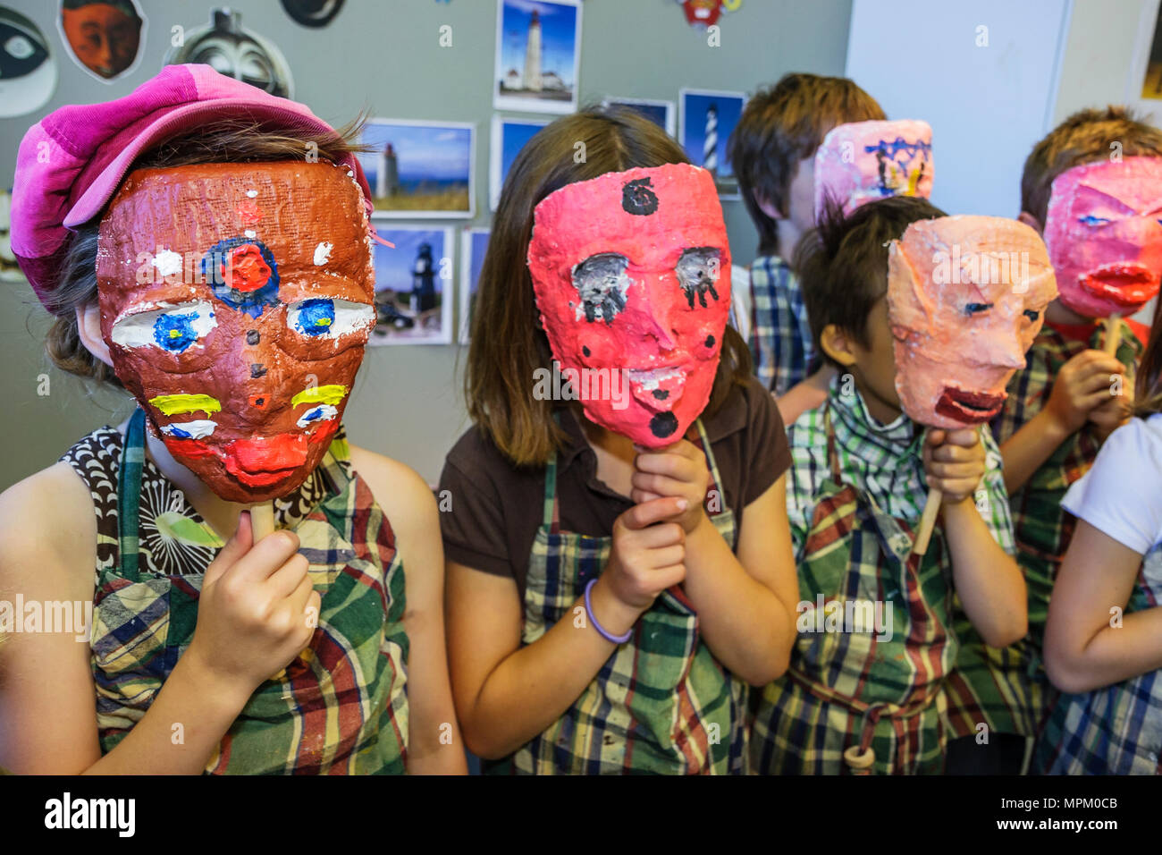 Quebec Canada,Musee National des Beaux Arts,museum,art class,student students paper Mache masks,faces,Canada070712053 Stock Photo