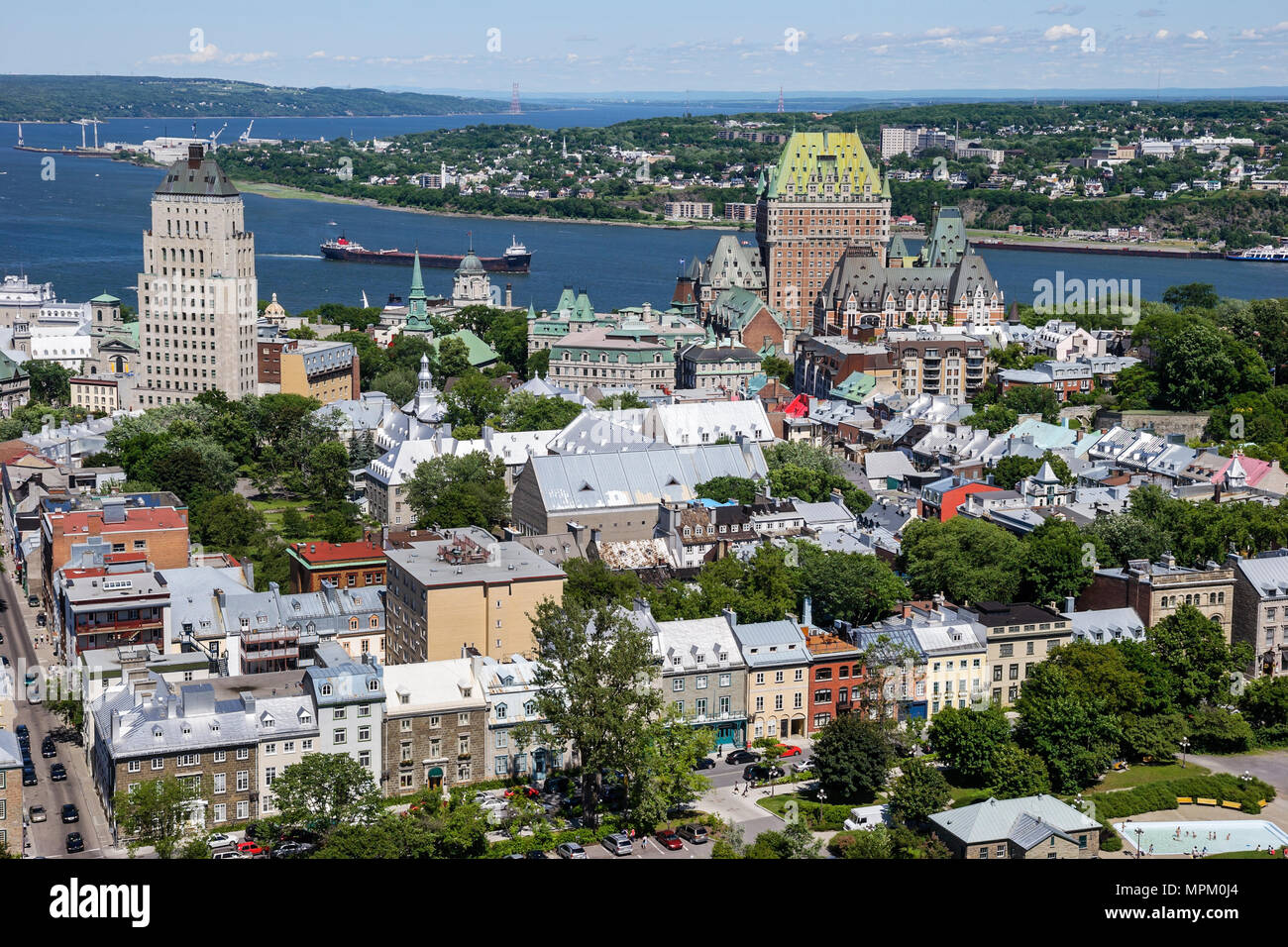 Quebec Canada,Upper Town,St. Lawrence River,Edifice Price,Fairmont Le Chateau Frontenac hotel,hotels,lodging,ship,boat,Canada070712155 Stock Photo