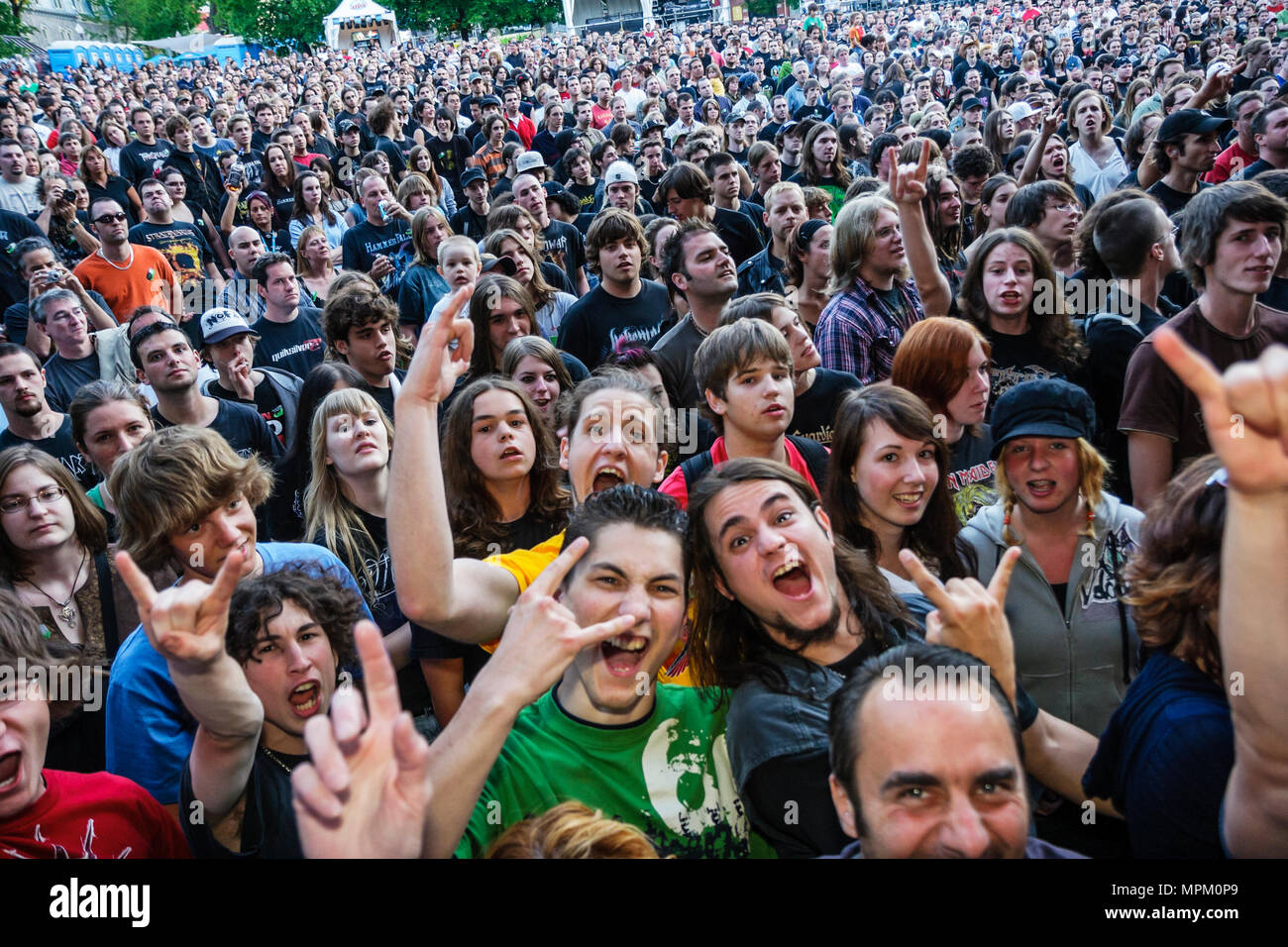 Quebec Canada,Grande Allee,Le Pigeonner Park,Summer Festival,festivals fair,Forgotten Tales power heavy metal band Sonia Pineault singer concert,fans, Stock Photo