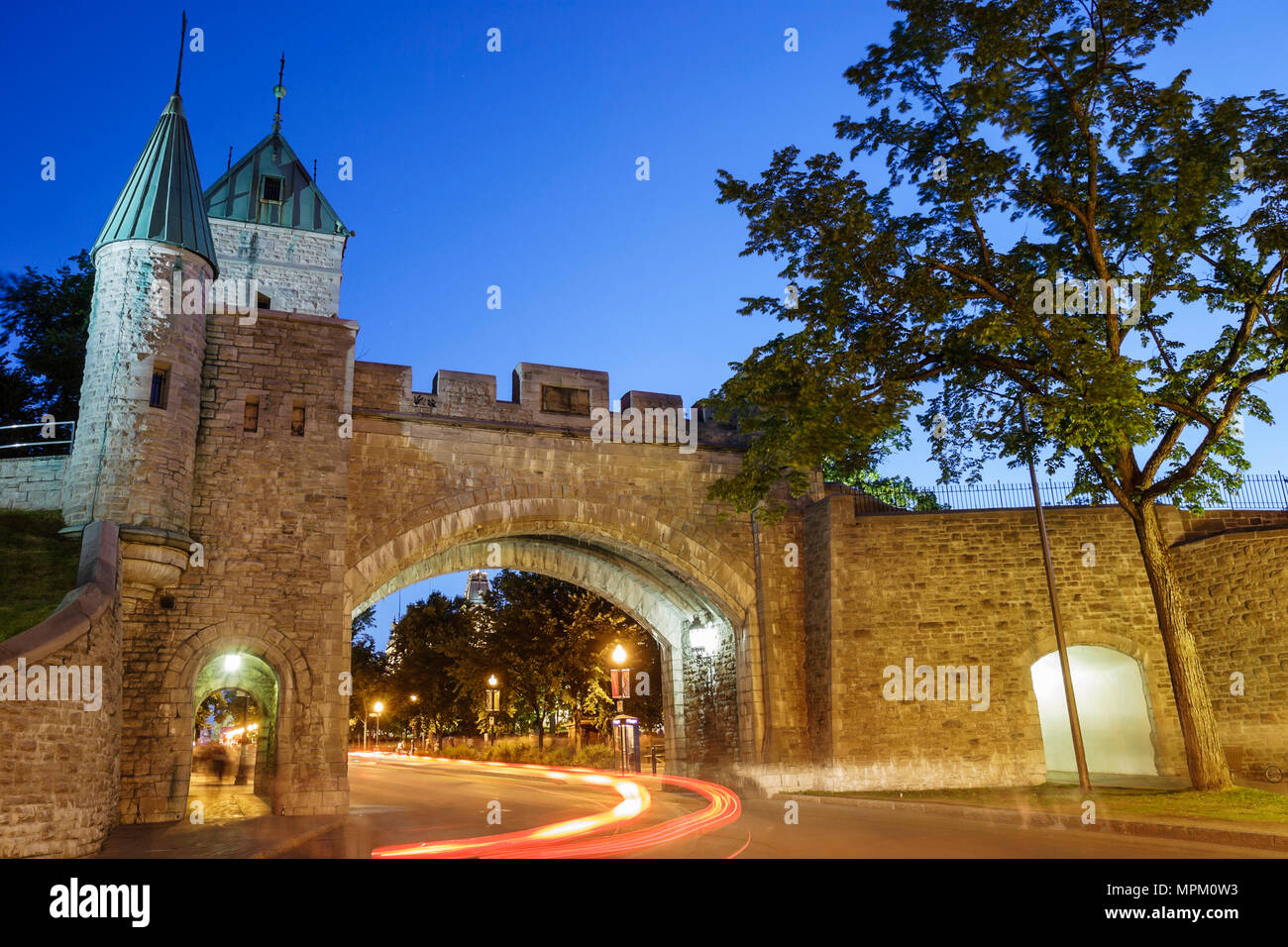 Quebec Canada,Grand Allee,city wall,fortification,dusk,evening,gate,gateway,Canada070712248 Stock Photo