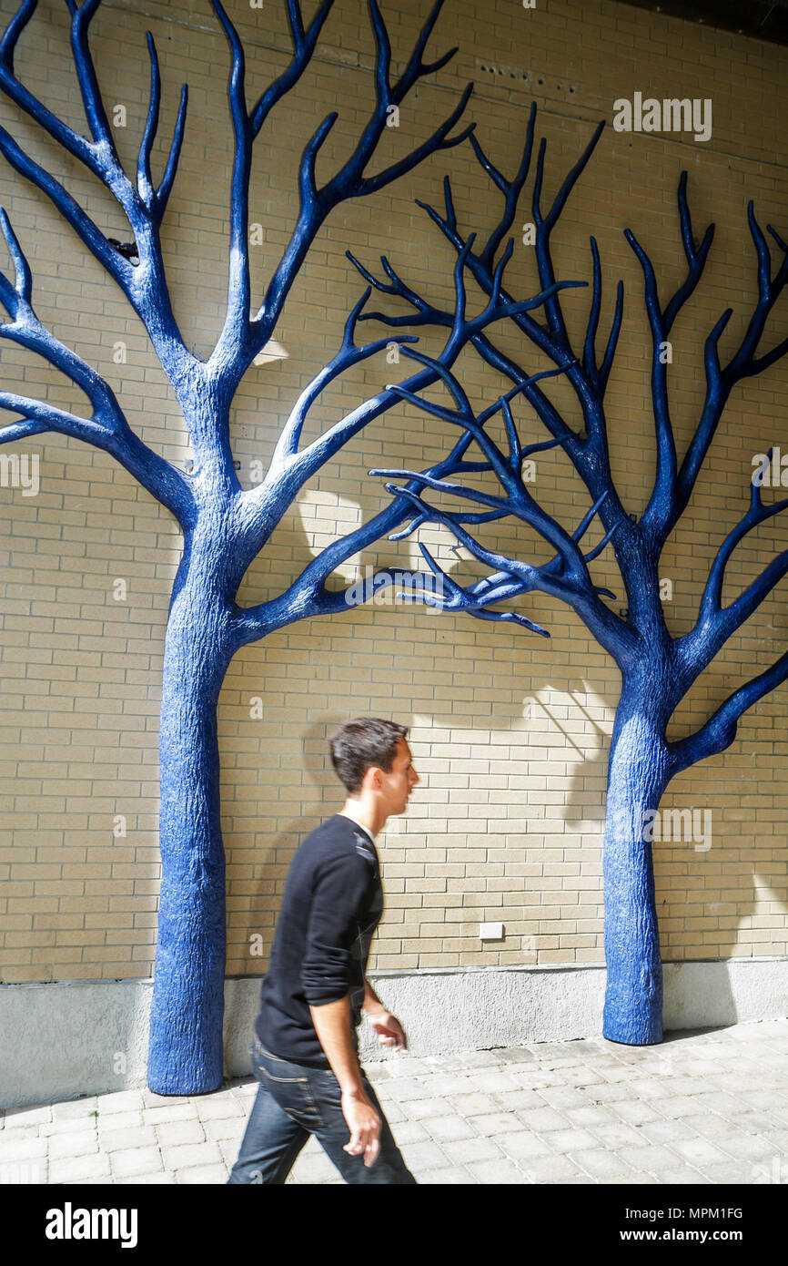 Toronto Canada,Carlton and Granby Streets,public artwork,sculpted trees,bas relief,blue,branches,trunk,Flow Blue,Toronto Public Art Commission,marlne Stock Photo