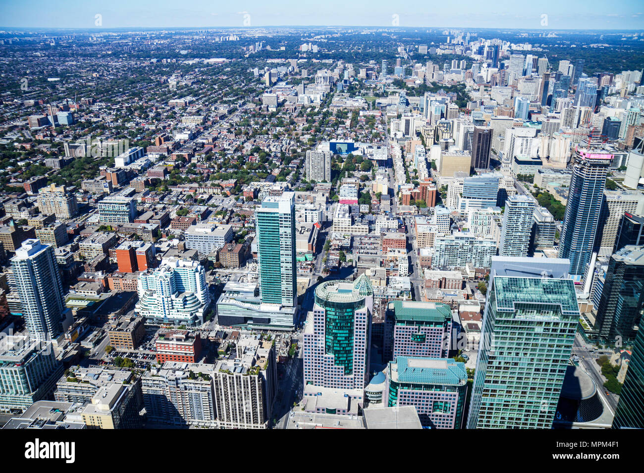 Toronto Canada,Bremner Boulevard,CN Tower,observation tower,telecomm antenna modern wonder,main deck level,window view north,Entertainment District,Ch Stock Photo