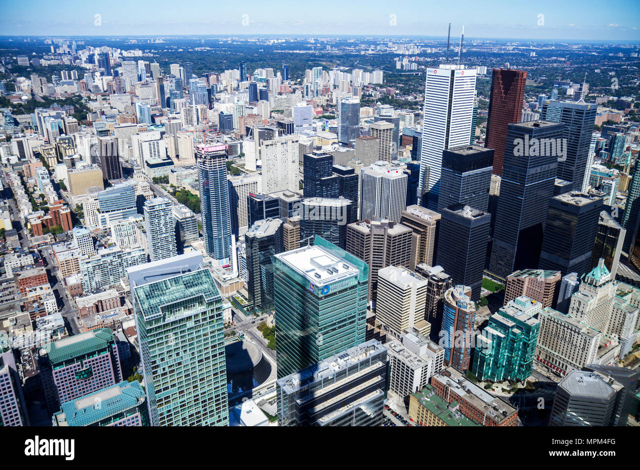 Toronto Canada,Bremner Boulevard,CN Tower,observation tower,telecomm antenna modern wonder,main deck level,window view northeast,Financial District,Yo Stock Photo