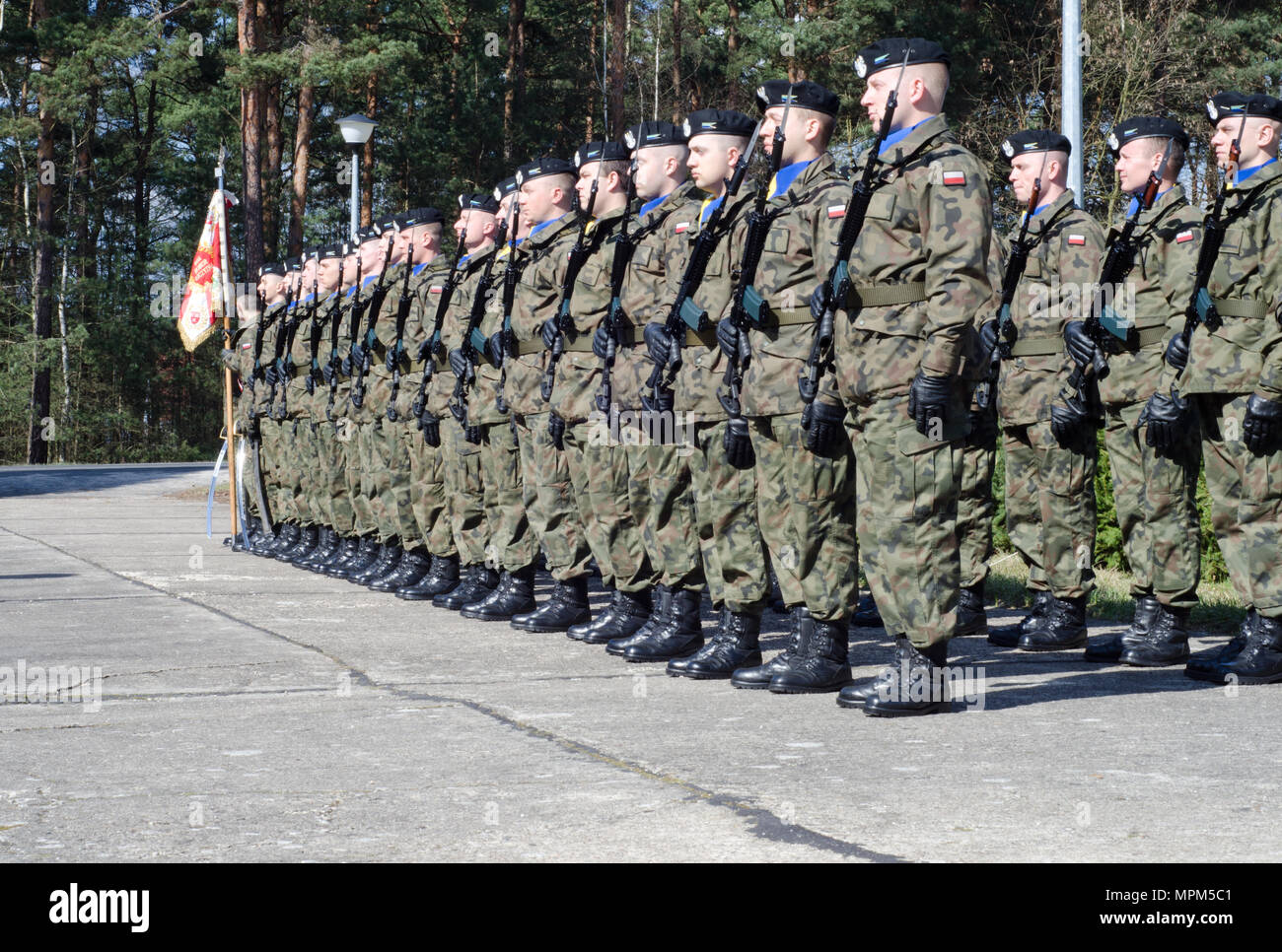 Polish soldiers stand in formation during the commemoration ceremony honoring the 73rd anniversary of the Great Escape from Stalag Luft III POW camp March 24, 2017 at Zagan, Poland.  The ceremony honored the men from 14 nations that were held as POWs at the camp. Members of 3rd ABCT, 4th ID participated in the two-day event to strengthen their relationships with their Polish allies while participating in Operation Atlantic Resolve. (U.S. Army photo by Capt. John W. Strickland, 7th Mobile Public Affairs Detachment) Stock Photo