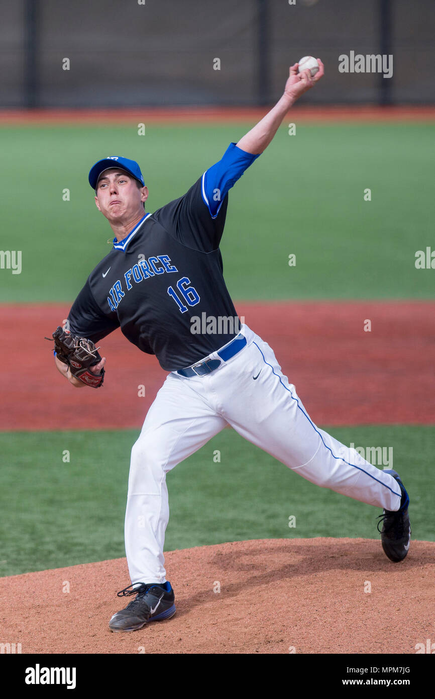 Jacob DeVries, a senior, picked up the win as the U.S. Air Force Academy Falcons defeated Fresno State 14-5 for their first Mountain West Conference win at the Academy's Falcon Field in Colorado Springs, Colo., March 17, 2017. (Photo by Bill Evans) (Released) Stock Photo