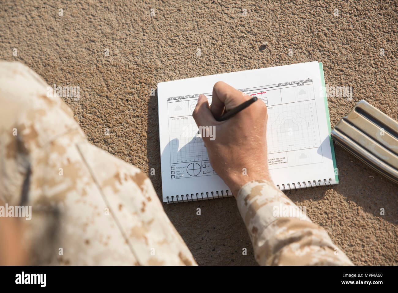 Recruits keep a careful log of their shot groups in order to track and improve their shooting abilities. Parris Island has been the site of Marine Corps recruit training since Nov. 1, 1915. Today, approximately 19,000 recruits come to Parris Island annually for the chance to become United States Marines by enduring 12 weeks of rigorous, transformative training. Parris Island is home to entry-level enlisted training for approximately 49 percent of male recruits and 100 percent of female recruits in the Marine Corps. (Photo by Lance Cpl. Maximiliano Bavastro) Stock Photo