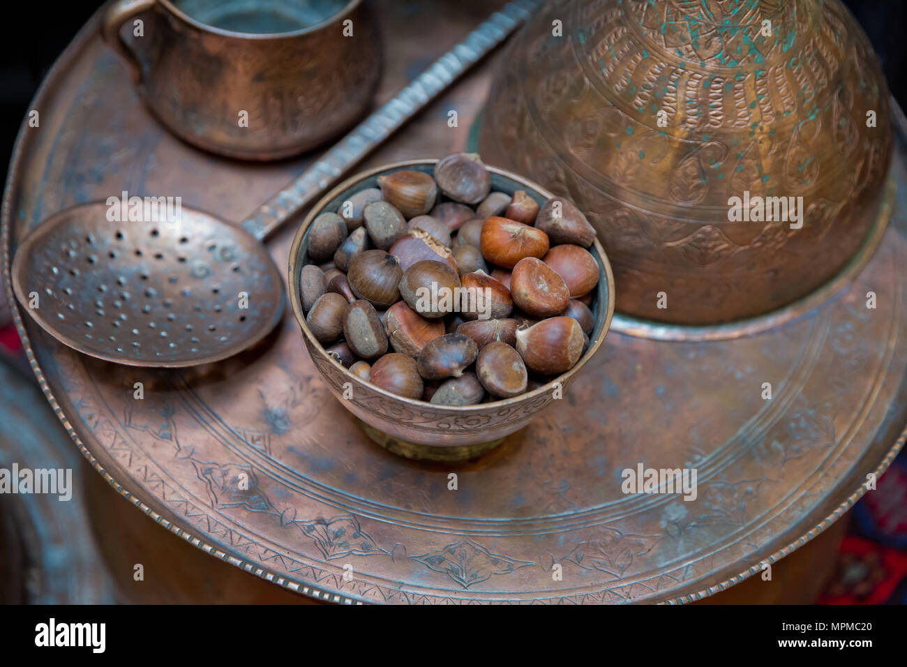Ancient vintage Copper bowl . Copper containers. Spoonful of copper