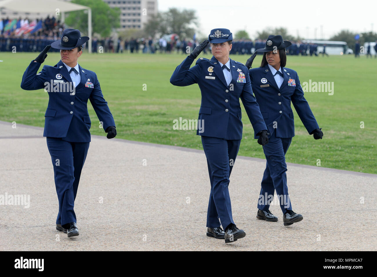 Air Force Basic Military Training instructors march during the Air Force Basic Training Graduation Parade March 03 2017 at Joint Base San Antonio Lackland Texas. The all women flight was assembled in ...