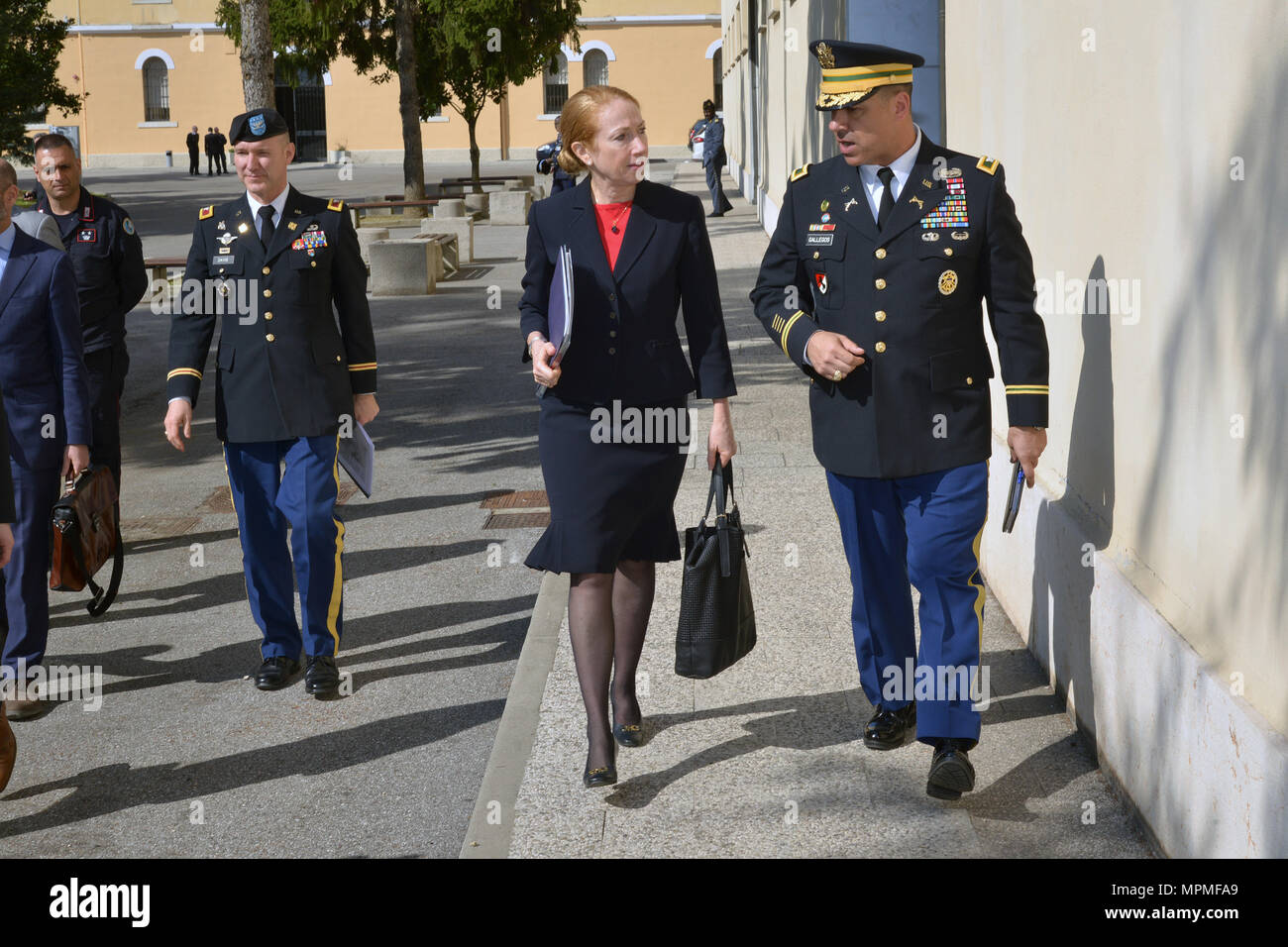 Ms. Kelly Degnan, Charge’ d’Affaires ad interim U.S. Embassy & Consulates Italy (left), and U.S. Army Col. Darius S. Gallegos, CoESPU deputy director (right), during visit at Center of Excellence for Stability Police Units (CoESPU) Vicenza, Italy, Mar. 30, 2017. (U.S. Army Photo by Visual Information Specialist Antonio Bedin) Stock Photo
