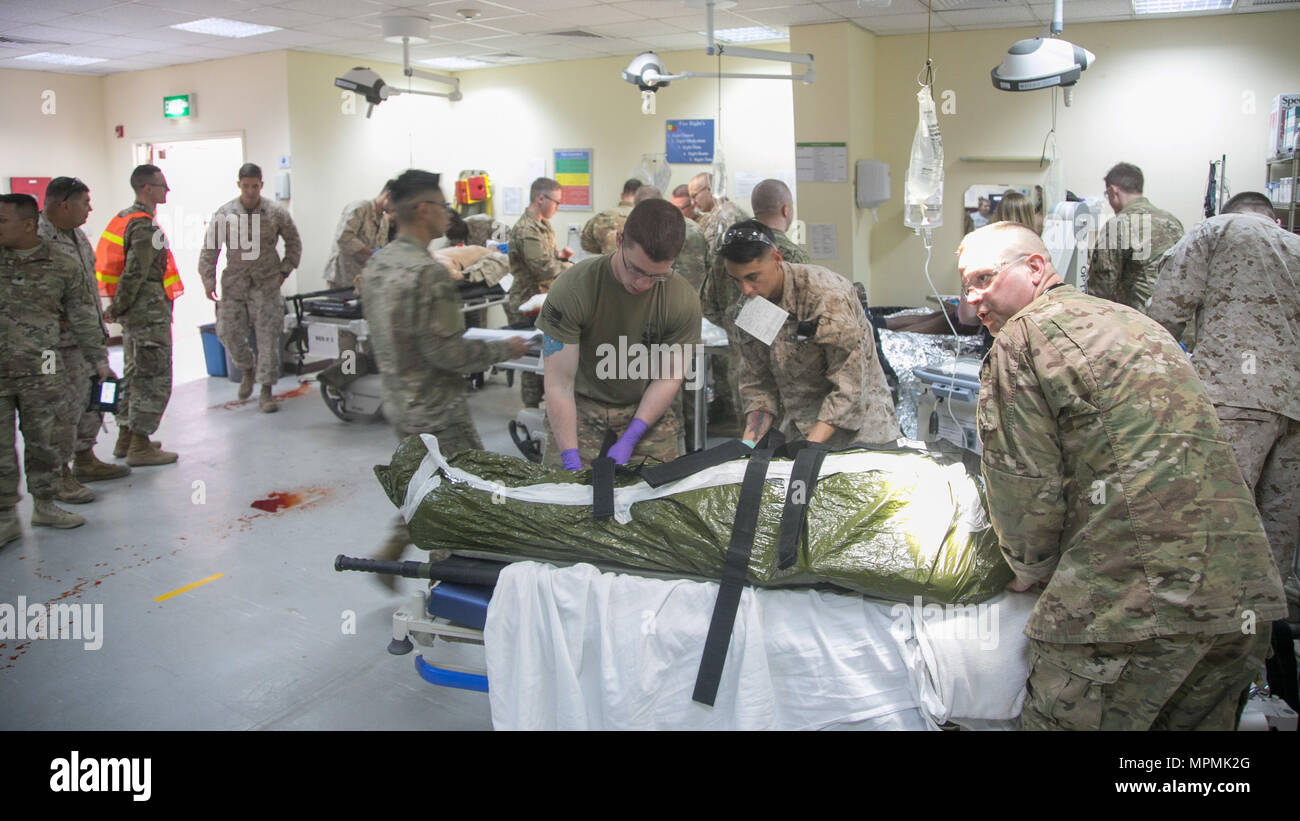 CAMP BEUHRING, Kuwait  (Mar. 2, 2017) U.S. Navy Sailors with11th Marine Expeditionary Unit and soldiers with the 31st Combat Support Hospital, 1st Medical Brigade, triage role-players and simulated patients during a mass casualty training exercise at Camp Beuhring, Kuwait, Mar. 2. During SUSTEX, Sailors and soldiers learn to collaborate and operate together efficiently through shared knowledge of varying medical practices between services. (U.S. Marine Corps photo by Xzavior T. McNeal) Stock Photo