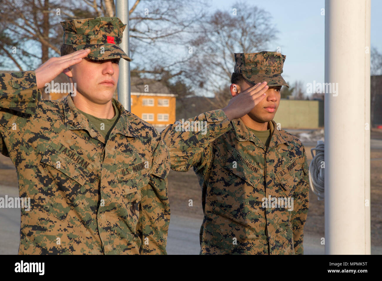 U.S. Marines Lance Cpl. Jack Tashjian and Lance Cpl. Austin Robinson, a landing support specialist and warehouse clerk respectively, salute the American flag at Vaernes Garnison, March 30, 2017. Marine Rotational Force Europe 17.1 upholds traditions as Marines and sailors represent a forward presence in Europe. (U.S. Marine Corps photo by Lance Cpl. Victoria Ross) Stock Photo
