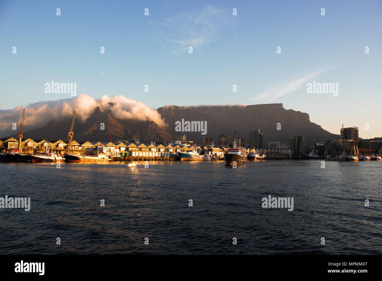 Cape Town Harbor Sunset With Table Mountain Stock Photo