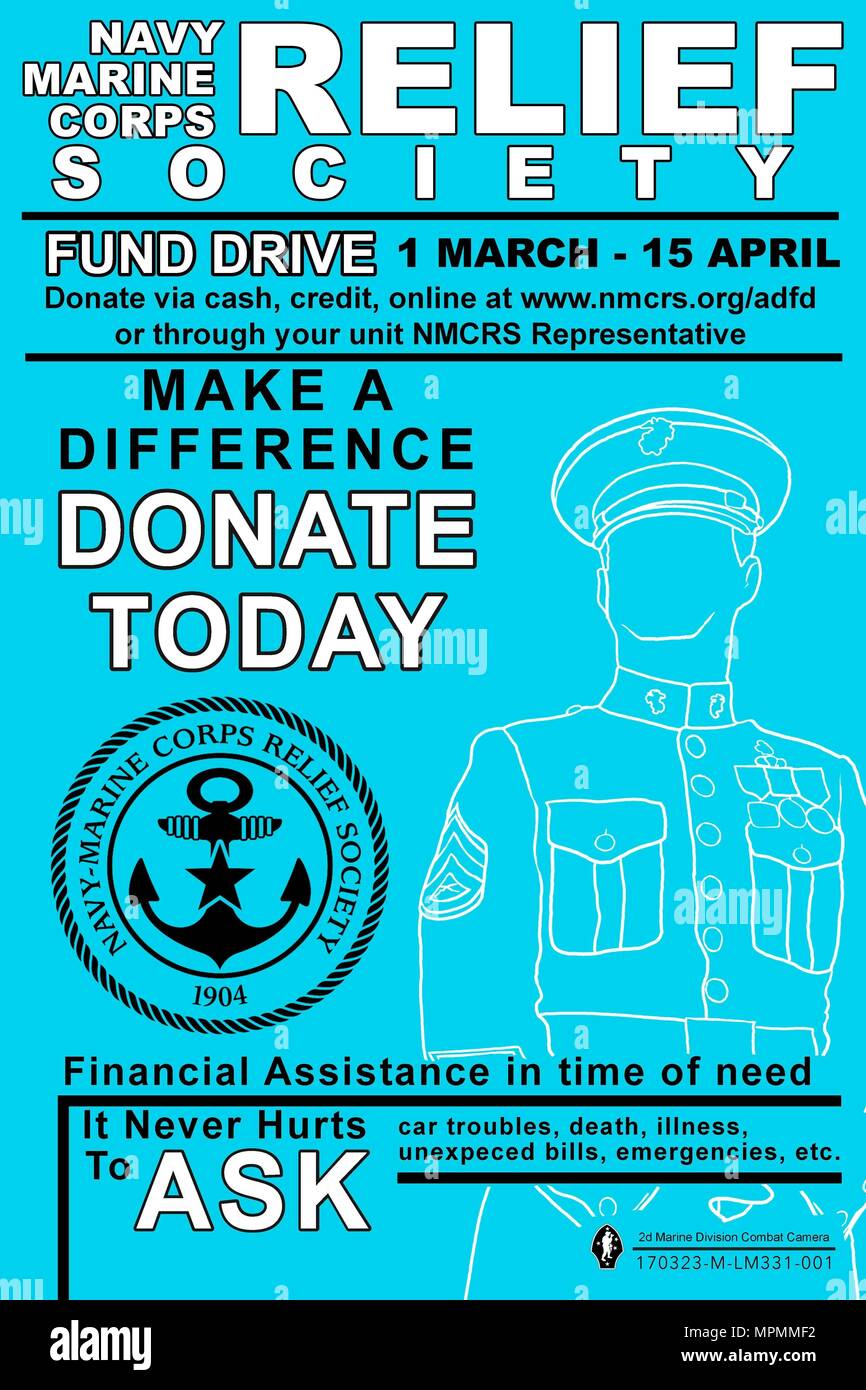 A poster created with digital illustration software with the purpose to inform Marines and Sailors of how to donate to the Navy Marine Corps Relief Society and the services they offer to Service members. (U.S. Marine Corps illustration by Lance Cpl. Alexander Sturdivant)(This image was created using Adobe Photoshop CS6) Stock Photo