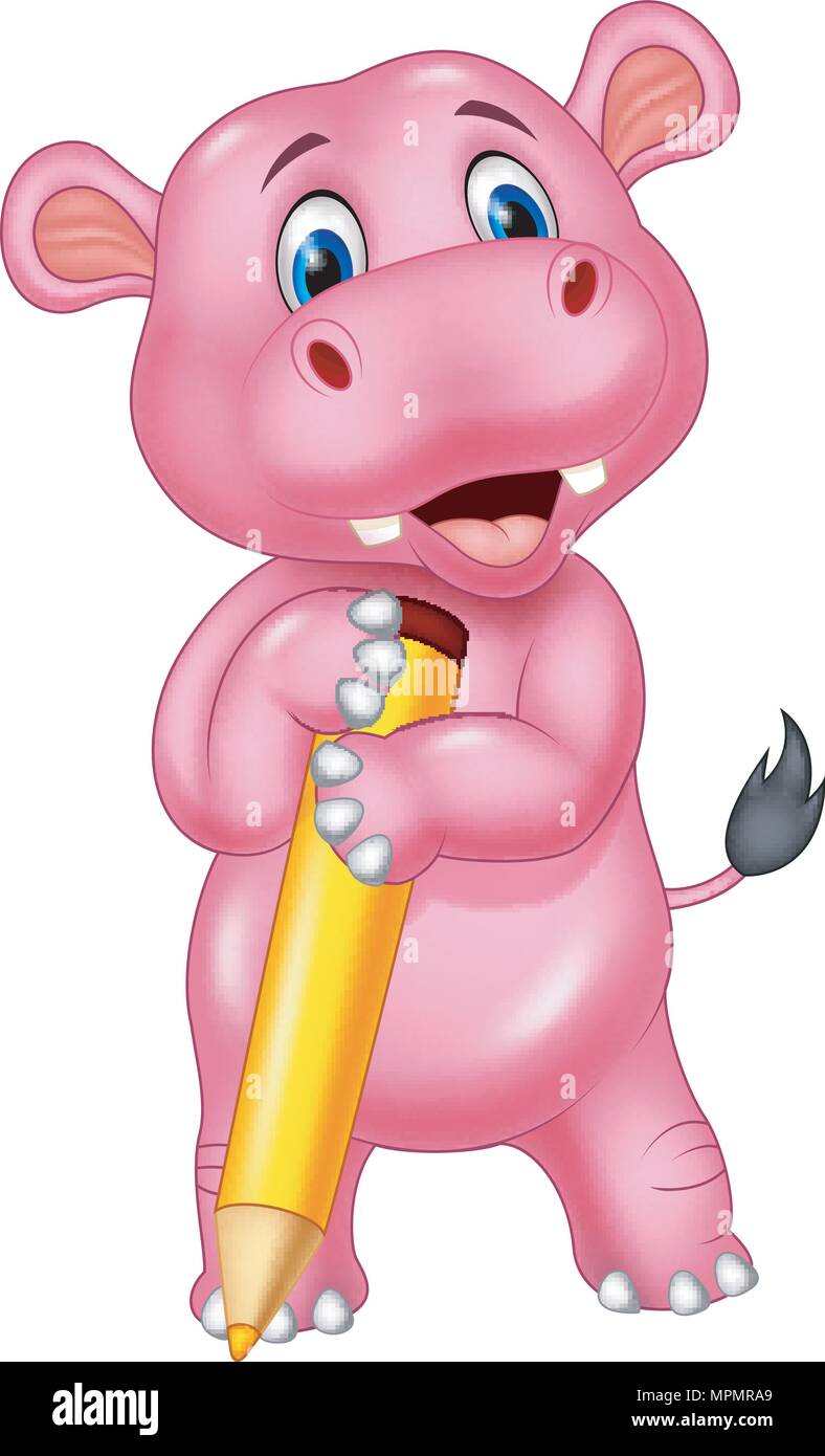 Cute Hippo Cartoon Holding Yellow Pencil Stock Vector Image Art Alamy