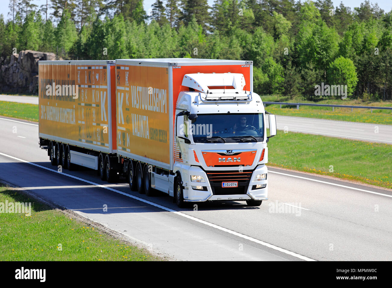 Man TGX 35.580 High Capacity Transport truck for Kesko Logistics. The 31,2m long 74tn road train operates by permission. Paimio, Finland - May 18, 18. Stock Photo