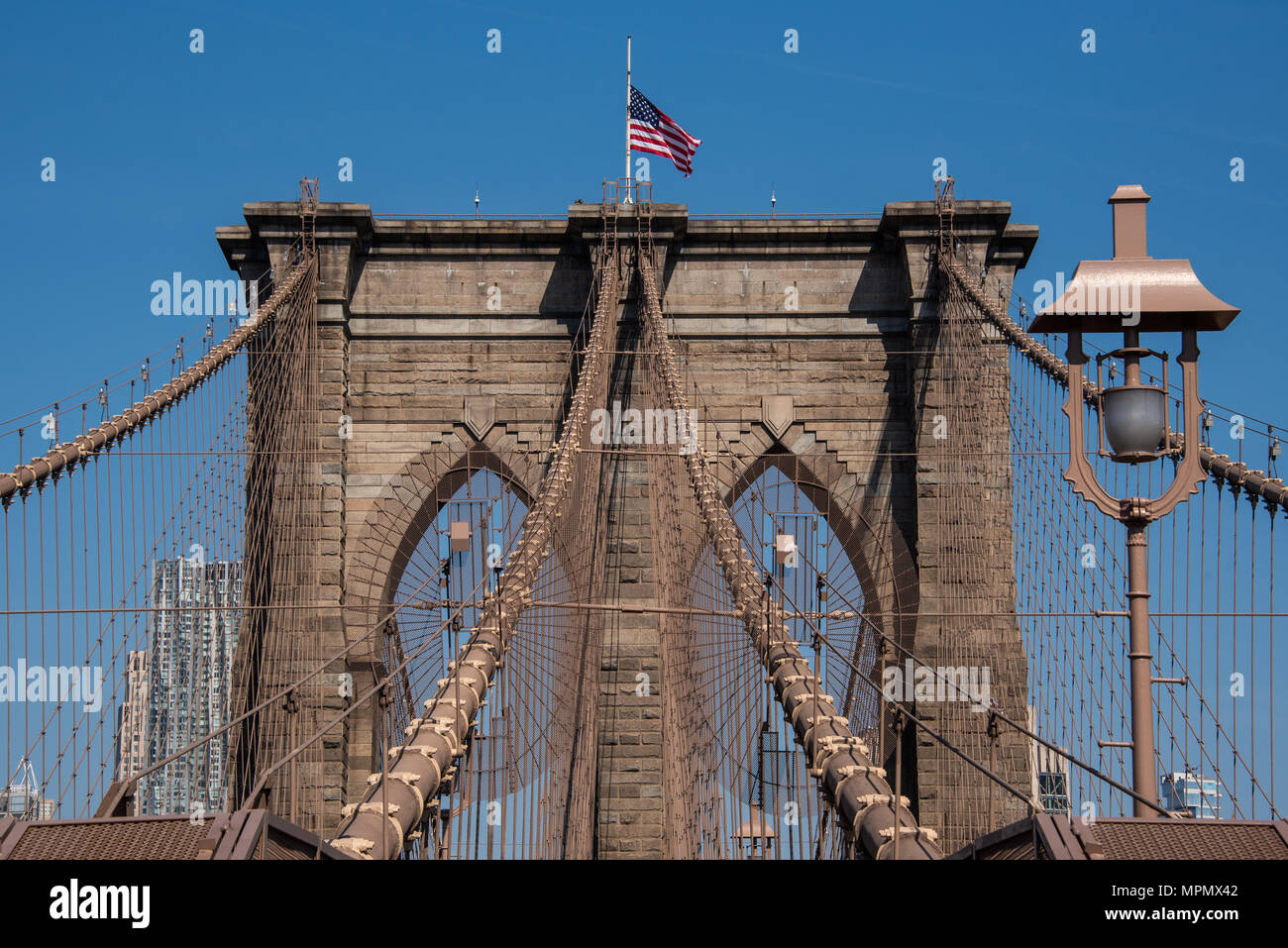 The Brooklyn Bridge, built between 1869 and 1883, connects Manhattan with New York's most populous borough, Brooklyn. Stock Photo