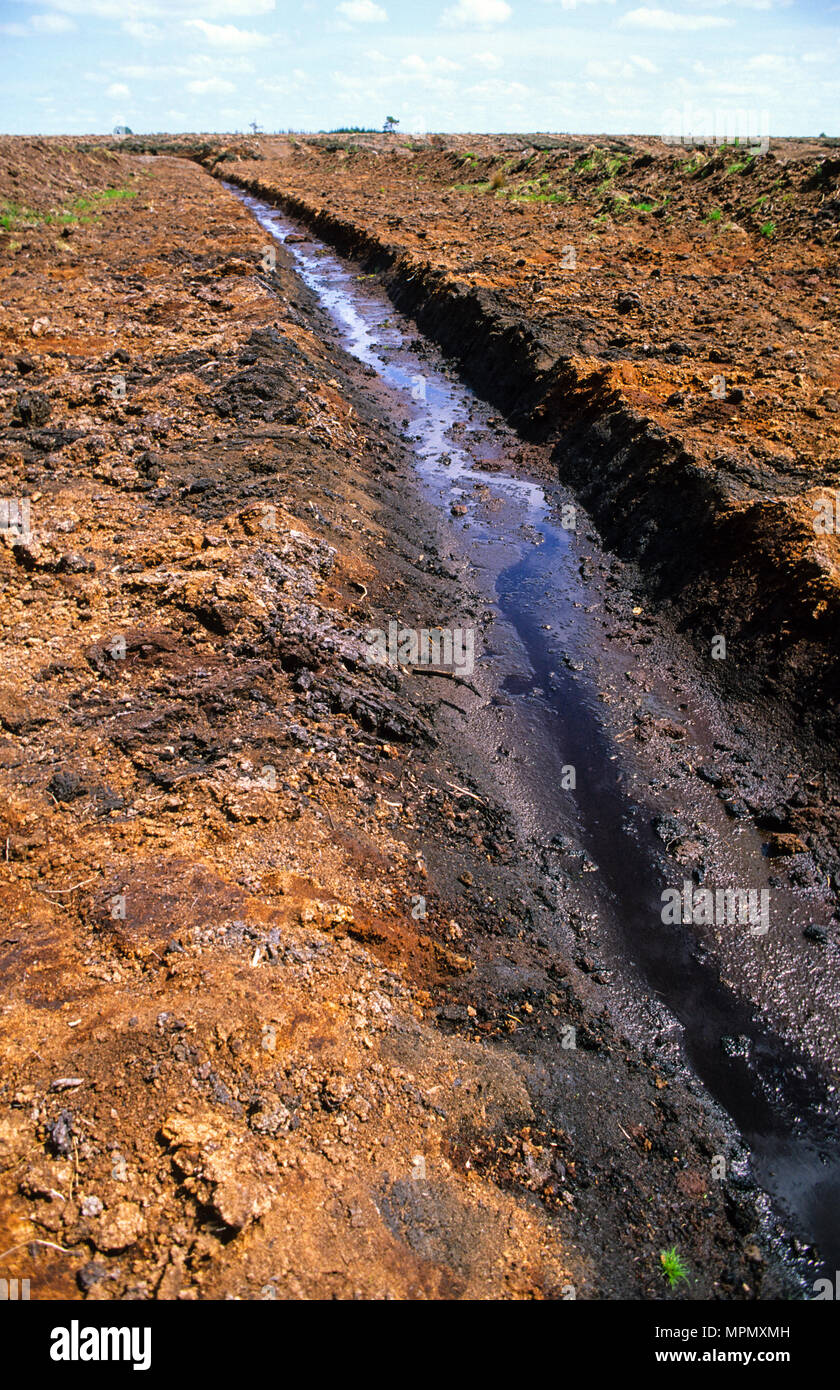 Clonfinane Bog, Peat Cutting, with EU Funds, and Extraction for compost, Co. Tipperary, Ireland. Stock Photo