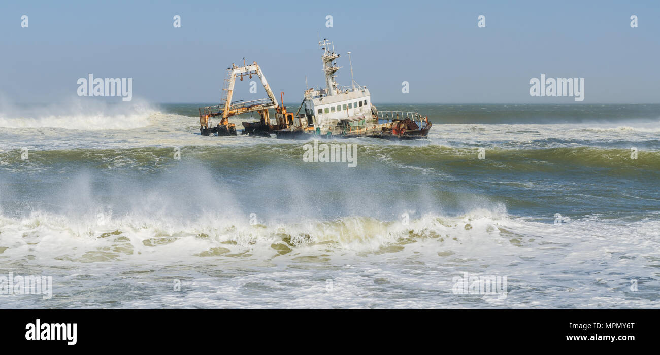 Shipwreck Zeila laying on sandbank during storm and waves Stock Photo