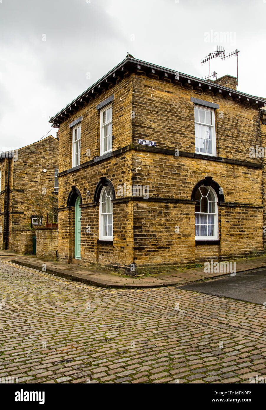 Cobbled streets of Saltaire village in West Yorkshire. Saltaire is a UNESCO designated World Heritage Site. Stock Photo