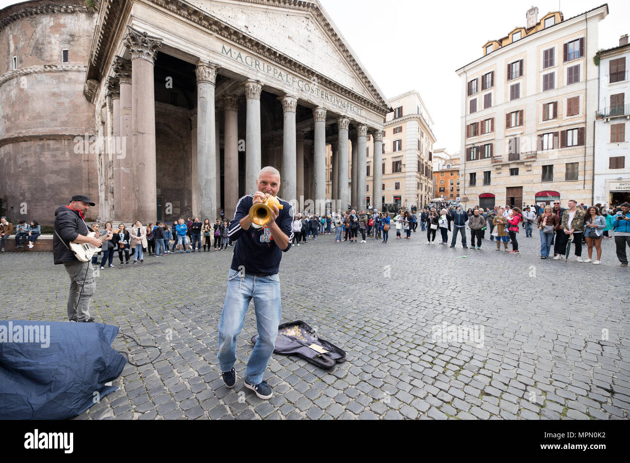 Piazza della Rotonda, Pantheon Rome Italy, scene tourists and trumpet player street musician. Stock Photo