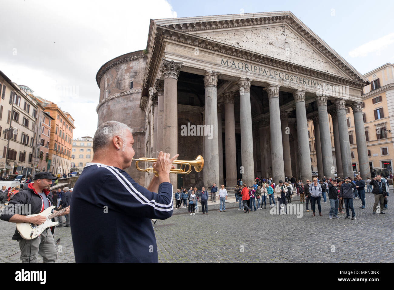 Piazza della Rotonda, Pantheon Rome Italy, scene tourists and trumpet player street musician. Stock Photo
