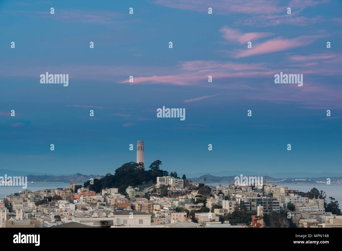 USA, California, San Francisco, Coit Tower and Telegraph Hill in the evening Stock Photo