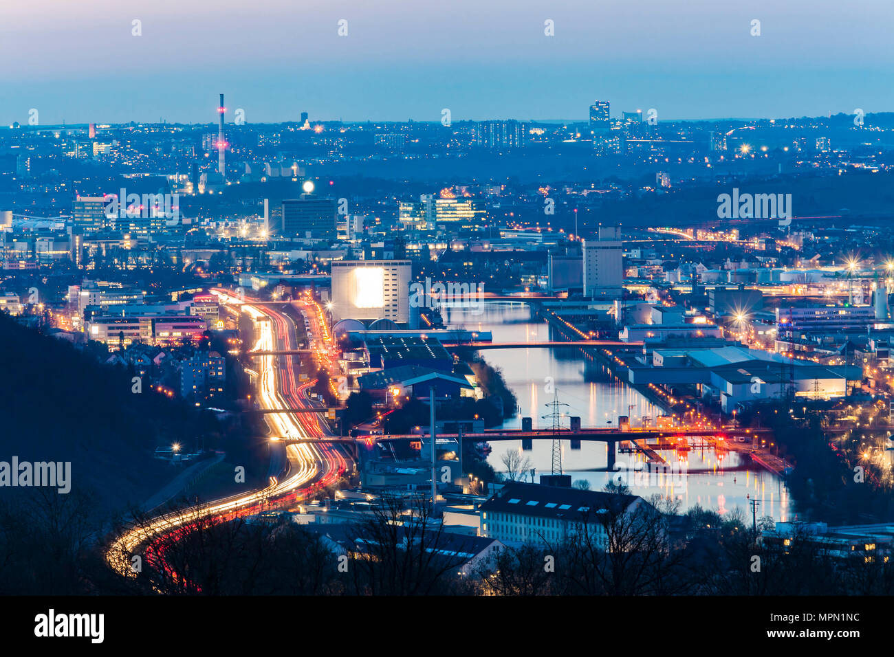 Germany, Baden-Wuerttemberg, Stuttgart, Neckar Valley, Neckar river, port area, industrial area at night Stock Photo