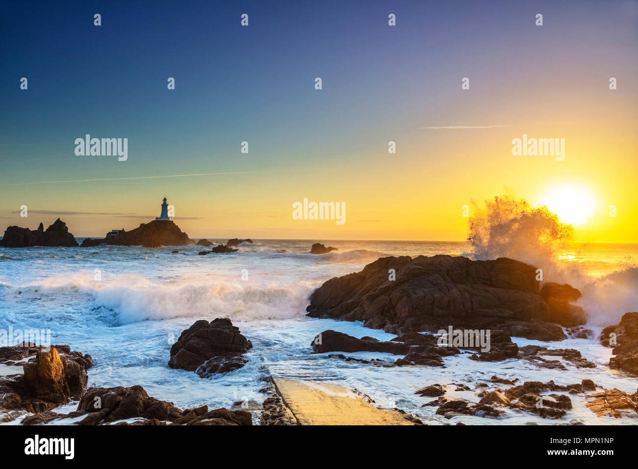 United Kingdom, Channel Islands, Jersey, Corbiere Point Lighthouse Stock Photo