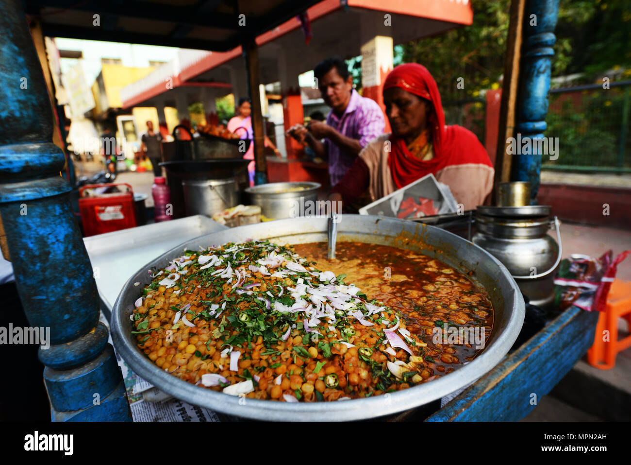 A pot of Chickpea curry at a street food stall in Chennai, India. Stock Photo