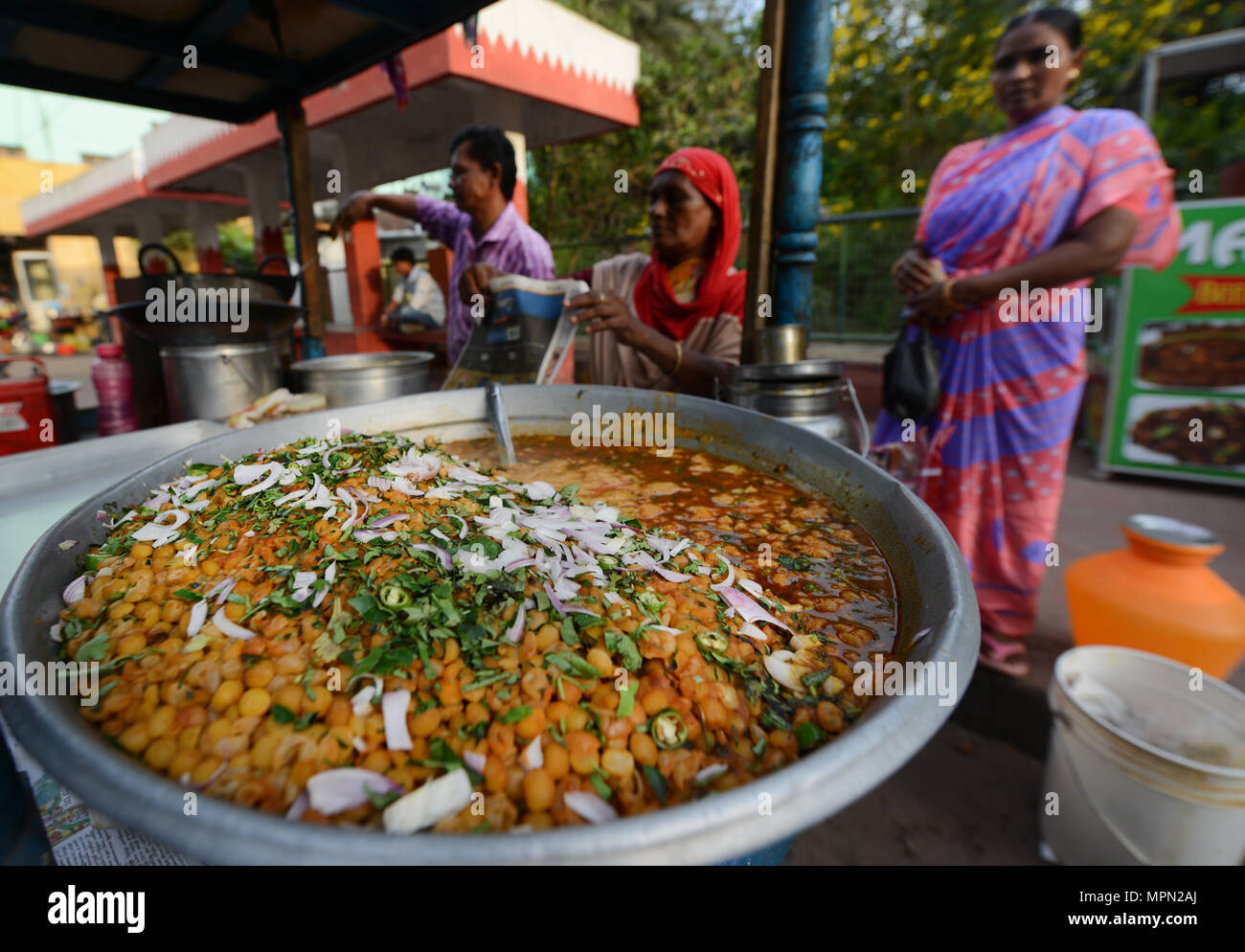 A pot of Chickpea curry at a street food stall in Chennai, India. Stock Photo